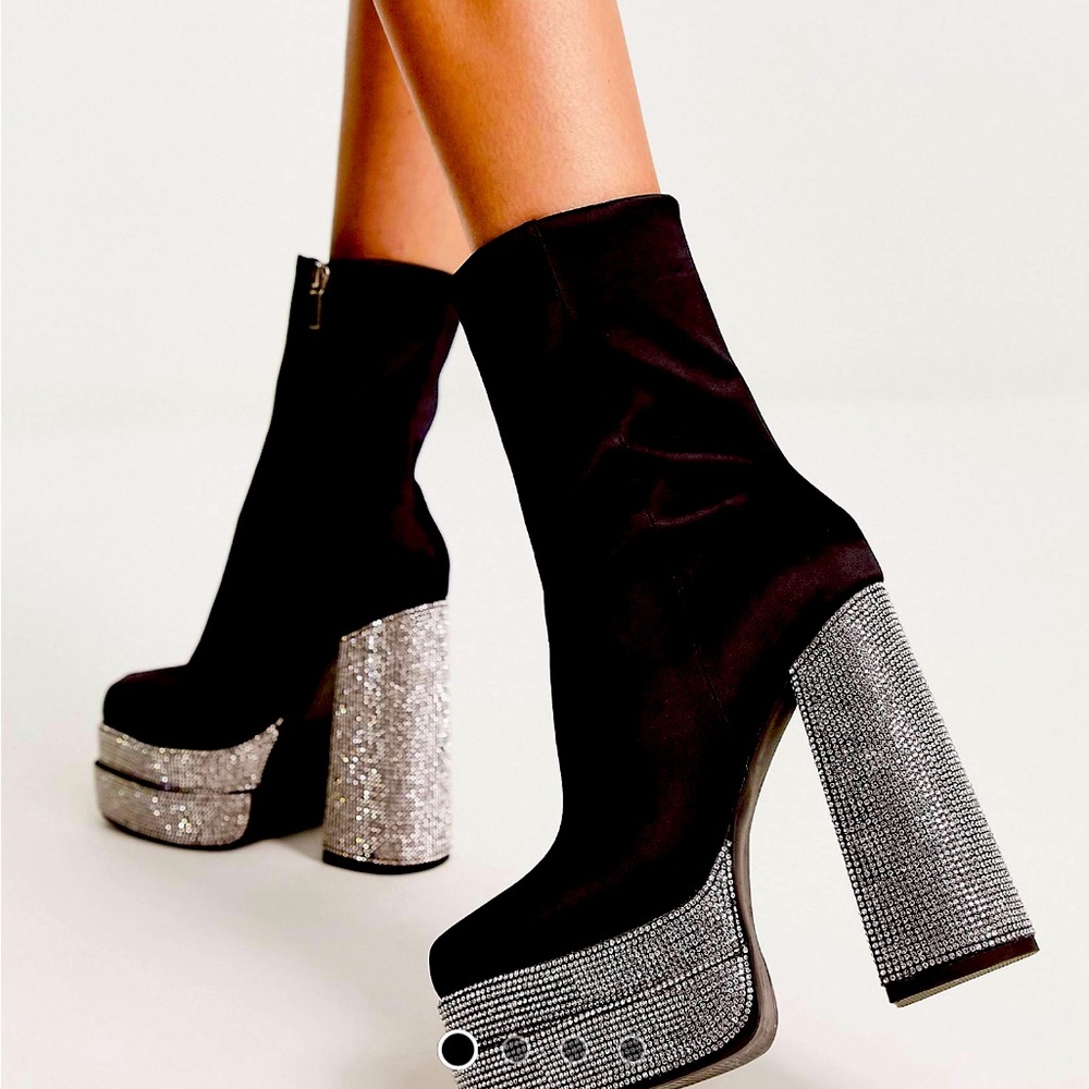 ASOS SIZE 9 RHINESTONE PLATFORM SATIN BOOTS BLACK EMBELLISHED BEDAZZLED